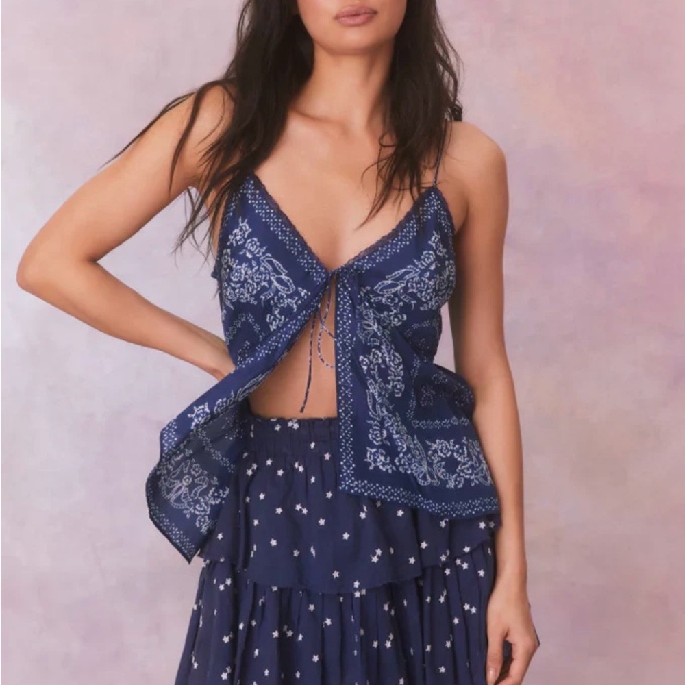 LoveShackFancy Navy Blue Mini Skirt with White Stars